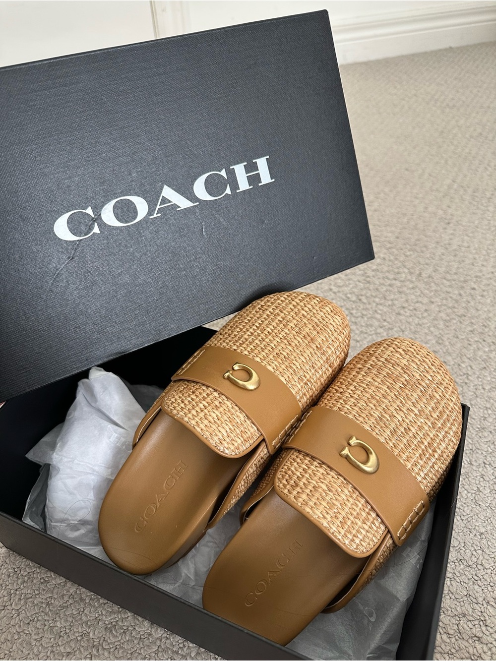 Coach sculpt C straw clogs.